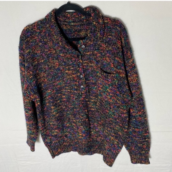 Vintage Black Rainbow Multicolour Knit Pullover Half Button Up Sweater L - Picture 14 of 14